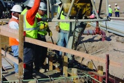 Concrete placement technique directly affects placement rate. Placing concrete with a crane and bucket, as shown in the photo above, is a slower process than placing concrete with a pump or conveyor.
