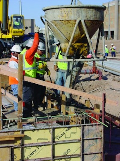 Concrete placement technique directly affects placement rate. Placing concrete with a crane and bucket, as shown in the photo above, is a slower process than placing concrete with a pump or conveyor.