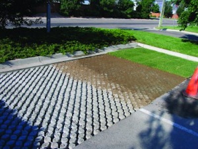 Grasscrete, a Bomanite product, uses a system of concrete and voids underneath grass to allow stormwater runoff to pass through to the subbase.
