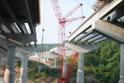 A Manitowoc 18000 is working on a bridge replacement project in Pennsylvania. The project involves completely replacing the Pohopoco Creek and Lehigh River Bridge structures on the Northeast Extension of I-476 in Carbon County, PA.
