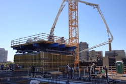 This new Super Climber System consists of five hydraulic cylinders capable of lifting 500,000 lbs., including the entire working floor, as well as a Putzmeister concrete placing boom and 3,200 sq. ft. of formwork, from lift to lift.