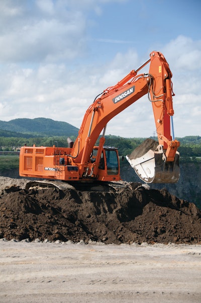 Doosan's new largest crawler excavator, the DX700LC, is powered by a 463-hp turbocharged diesel engine and has an operating weight of 157,000 lbs.