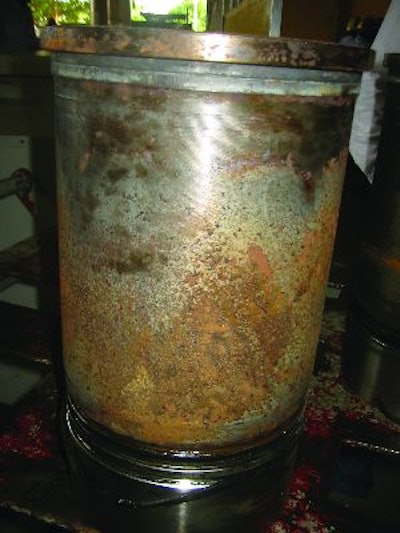 This severely pitted cylinder liner is from a Caterpillar 3508 engine that ran a conventional coolant. The coolant was not maintained, and after only 5,000 hours the condition of the liner was very poor. This problem does not happen with a well-maintained coolant.