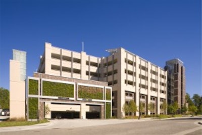 Among its sustainable features, the Research Drive Garage includes two cisterns to collect rainwater, green trellises and walls to help reduce the 'heat island' effect and rain gardens to filter excess stormwater.