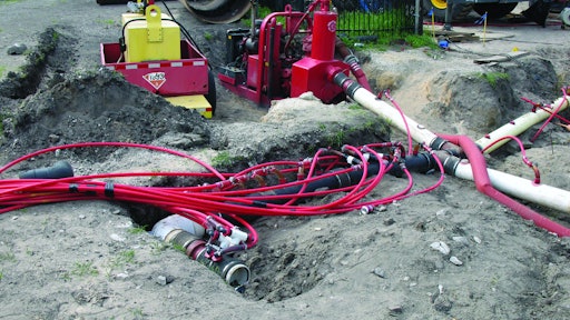 It’s important to understand how the jobsite layout will influence pump configuration and setup. Here, a Griffin non-clog pump is shown using a wickpoint dewatering method.