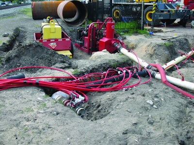 It’s important to understand how the jobsite layout will influence pump configuration and setup. Here, a Griffin non-clog pump is shown using a wickpoint dewatering method.