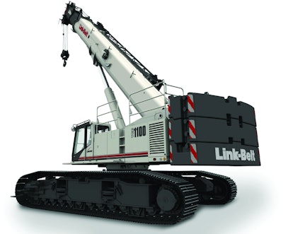 110-ton telescopic crawler's main boom is 150 ft. long offers a 31-to-55-ft., three-piece bi-fold lattice fly or 10-ft. heavy-lift fly.