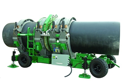 Four-jaw pipe fusion machine features 30,000 lbs. of clamping force per jaw.