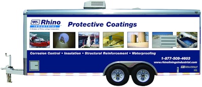 Turnkey mobile coating and/or foam application unit complete with proportioning equipment, heated hose, generator, air compressor and capacity for drum sets of Rhino material