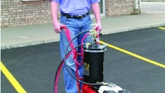 The airflow in a conventional (often termed an 'air' machine) goes to four places: the paint pot, striping gun, cleaner can, and stencil gun. Courtesy Newstripe Inc., www.newstripe.com..