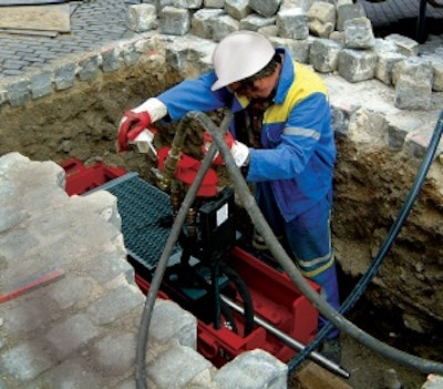 Pipe bursting systems (shown is a Hammerhead HydroBurst HB3038) can replace existing line with brand new pipe of the same size or larger.