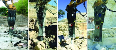 E Series Hammers for use on small and medium excavators and the Cat 450E Backhoe Loader