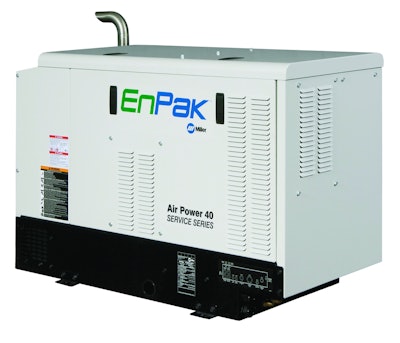 EnPak Air Power 40 air compressor and generator combo is powered by a 27-hp Kubota diesel plumbed into a service truck’s electrical and fuel systems.