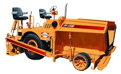 The 110-hp PF-150B has a 7-cu.-yd. hopper and 8-ft. to 13-ft. adjustable screed. Extensions stretch paving width to 15 ft.