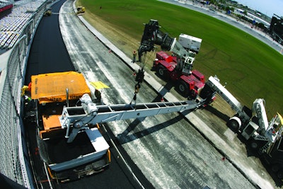 When completed, approximately 50,000 tons of mix produced at the track with a portable plant will be used to construct the new track, which must be completed by Jan. 1 to allow enough time for tire testing and preparations for the 2011 running of the Daytona 500 in February.