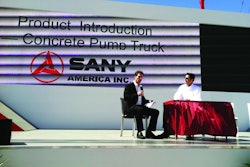 David Wright, left, is the engineering manager for concrete pumps at SANY America. The company announced the introduction of two pumps trucks to the North American market during CONEXPO-CON/AGG 2011.
