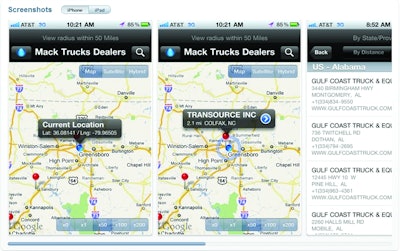The free Mack Dealer Locator app, available for the iPhone or iPad, allows customers to quickly find the nearest location to service their Mack truck.