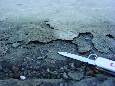Scaling, above, and premature surface wear typically occur when contractors mix bleedwater into the surface or trap bleedwater and air directly beneath the surface.