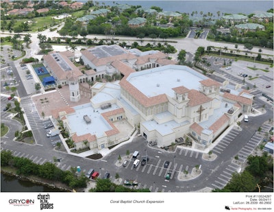 Church Expansion. Woodland Construction recently completed a 70,000-square-foot, $13 million expansion at Church by the Glades in Coral Springs, Fla. More than 200 tilt-up panels, including radius panels, went into building the addition. The main sanctuary section is the tallest part of the complex, with classrooms, administrative offices and a chapel rounding out the other areas of the addition. Tilt-up was also used to create the stair-stepped bearing elements for the support of the stadium-style seating in the 2,000-seat sanctuary while creating corridors from the main lobby and hallways into the theater. Spandrel panel sections were used to accommodate the varied roof elevation transitions.
