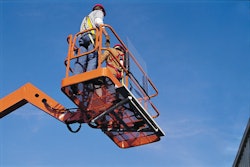 The SkyGlazier glass and panel holding accessory mounts below the platform's frame and has a channel positioned directly in front and below its floor to hold glass panes and panels in place.