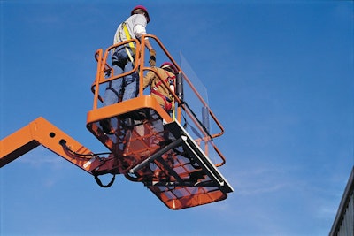 The SkyGlazier glass and panel holding accessory mounts below the platform's frame and has a channel positioned directly in front and below its floor to hold glass panes and panels in place.