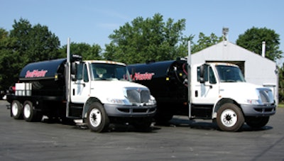 Two custom-built 2,250-gal. sealcoating rigs installed in new International 4300 trucks each feature SealMaster's Pro Air series of spray systems, cab-operated spray bars, and 50-gal. water systems.