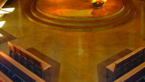 The 11,000-square-foot polished concrete floor at St. Francis of Assisi Catholic Church has an integrally colored floor with two-toned dye accents. The main floor was polished to 800 grit while the altar and stairs were polished to 1,500 grit. The contractor used a lithium silicate densifier, which hardens a floor and closes its pores to give the surface greater resistance against stains and abrasion.