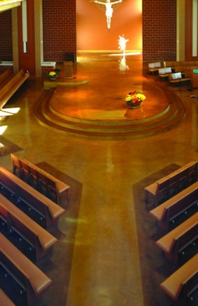The 11,000-square-foot polished concrete floor at St. Francis of Assisi Catholic Church has an integrally colored floor with two-toned dye accents. The main floor was polished to 800 grit while the altar and stairs were polished to 1,500 grit. The contractor used a lithium silicate densifier, which hardens a floor and closes its pores to give the surface greater resistance against stains and abrasion.