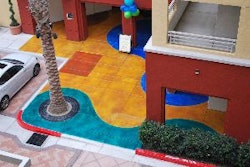 At this condo complex, the client and Surfacing Solutions decided on creating a saw cut design on the existing concrete and coloring it with 10 different water-based stains colors.