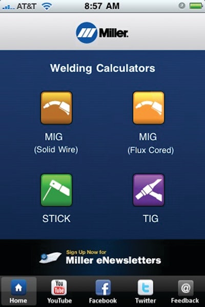Upon entering weld parameters, e.g. the type of material and material thickness being welded, the calculator will provide suggested settings including wire size and wire feed speed, shielding gas, voltage range and amperage range.