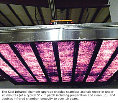 Infrared radiation is used to heat the asphalt pavement, softening it without damaging the asphalt 2 to 2-1/2 in. deep. Normal heat time is less than 7 minutes.