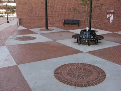 Todd Rose Decorative Concrete used a combination of a brick stencil and a special compass stencil to complete this 6,100-sq.-ft. courtyard.