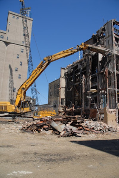 Brandenburg Industrial uses a high-reach excavator with a multi-processor attachment to deconstruct the Pabst Brewery in Milwaukee, WI.