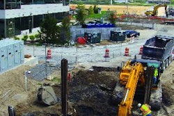 The excavation site for the 47-ft.-long fuel tank had very limited access and various obstacles, including a loading bay dock along one side and newly installed electrical banks on the other.
