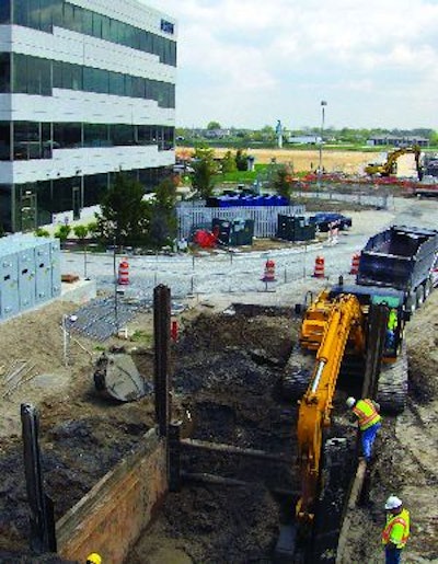 The excavation site for the 47-ft.-long fuel tank had very limited access and various obstacles, including a loading bay dock along one side and newly installed electrical banks on the other.
