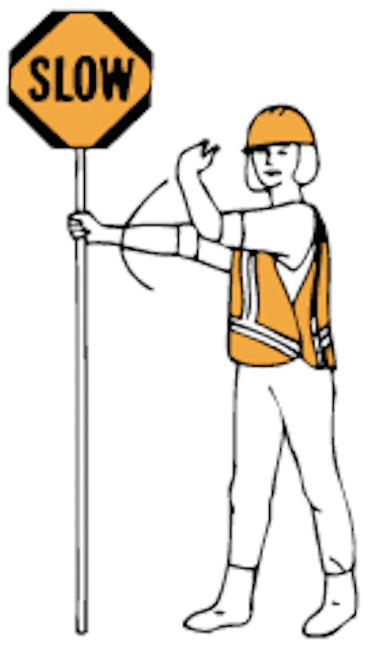 To tell traffic to proceed the flagger shall face traffic with the SLOW sign paddle held in a stationary position with the arm extended horizontally away from the body. Motion in an upward curling motion with the free hand.