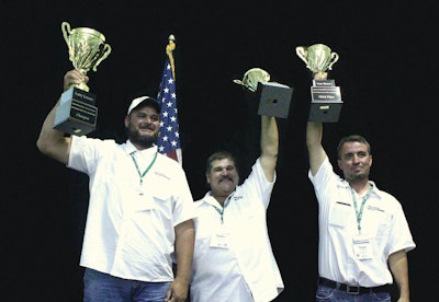 Larry Lowe, winner of the National Mixer Driver Championship, is pictured left, the second place winner, Chris Daniels, is center and the third place winner, Trent Slavens, is pictured right.