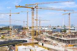 At peak operating times, up to 17 tower cranes are in use simultaneously throughout the Campus WU in Vienna, Austria.