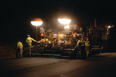 Gap-graded asphalt rubber mix is placed 1 1/4-in-chdeep at a temperature of 240 deg F at the screed.