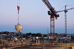 A Ceco Construction crew places the first of 47 supported garage slab pours at Nashville’s Music City Center. Each pour averaged just under 10,000 square feet and contained around 300 cubic yards of concrete.