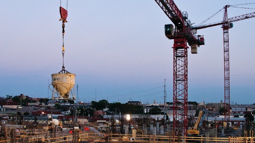 A Ceco Construction crew places the first of 47 supported garage slab pours at Nashville’s Music City Center. Each pour averaged just under 10,000 square feet and contained around 300 cubic yards of concrete.
