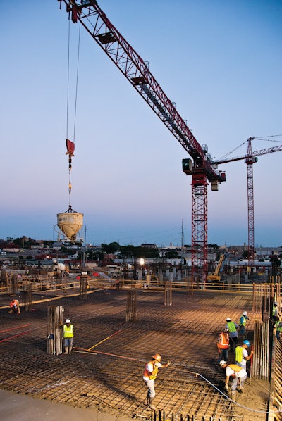 A Ceco Construction crew places the first of 47 supported garage slab pours at Nashville’s Music City Center. Each pour averaged just under 10,000 square feet and contained around 300 cubic yards of concrete.