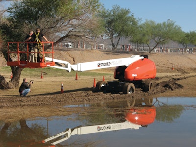 The rough-terrain demo area allowed manufacturers to show off how their equipment performs in real-world conditions. Shown here is the new Snorkel T66 JRT.