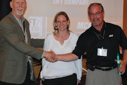 Guy Ramsey and Katie Parrish of Maximum Capacity Media present the LLEAP award to JLG Product Champion Bill Dovey at the Lift & Access Showcase in Scottsdale, AZ.