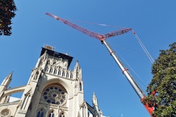 A Grove GMK7450 all-terrain crane with a MegaWingLift attachment helped with restoration work on the Washington National Cathedral in Washington, D.C.