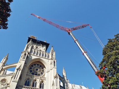 A Grove GMK7450 all-terrain crane with a MegaWingLift attachment helped with restoration work on the Washington National Cathedral in Washington, D.C.