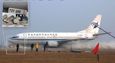 Foamed concrete placed after the end of a runway stops a Boeing 737 in a test of the Engineered Materials Arresting System.