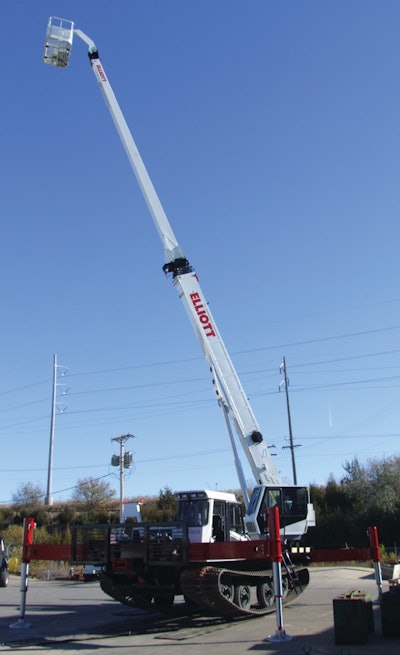 The 275-hp PowerTraxx carrier maneuvers the 36-ton boom (137-ft. tip height) into all-but-inaccessible areas on 40-in.-wide tracks.