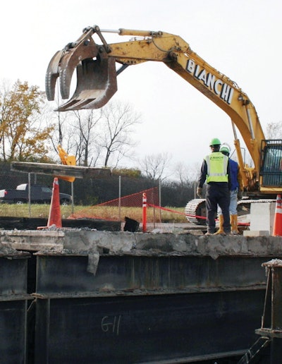 With the Slab Lifter, Bianchi Demolition was able to remove the concrete bridge panels using only a machine operator and excavator, without the need for additional laborers.