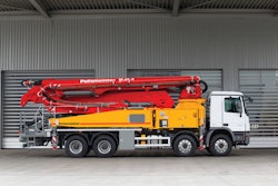 Redesigned boom and hydraulic system can keep Putzmeister's 42-meter pump truck under 66,000 lbs. GVW, and makes the boom more responsive to control inputs. (Unit shown here is the European model. North American 42Z will be mounted to domestic carriers.)
